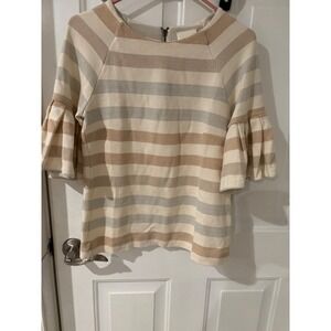 Maeve Anthropologie Striped Bell Sleeve Top Small Gold Tan‎ Cream Blouse